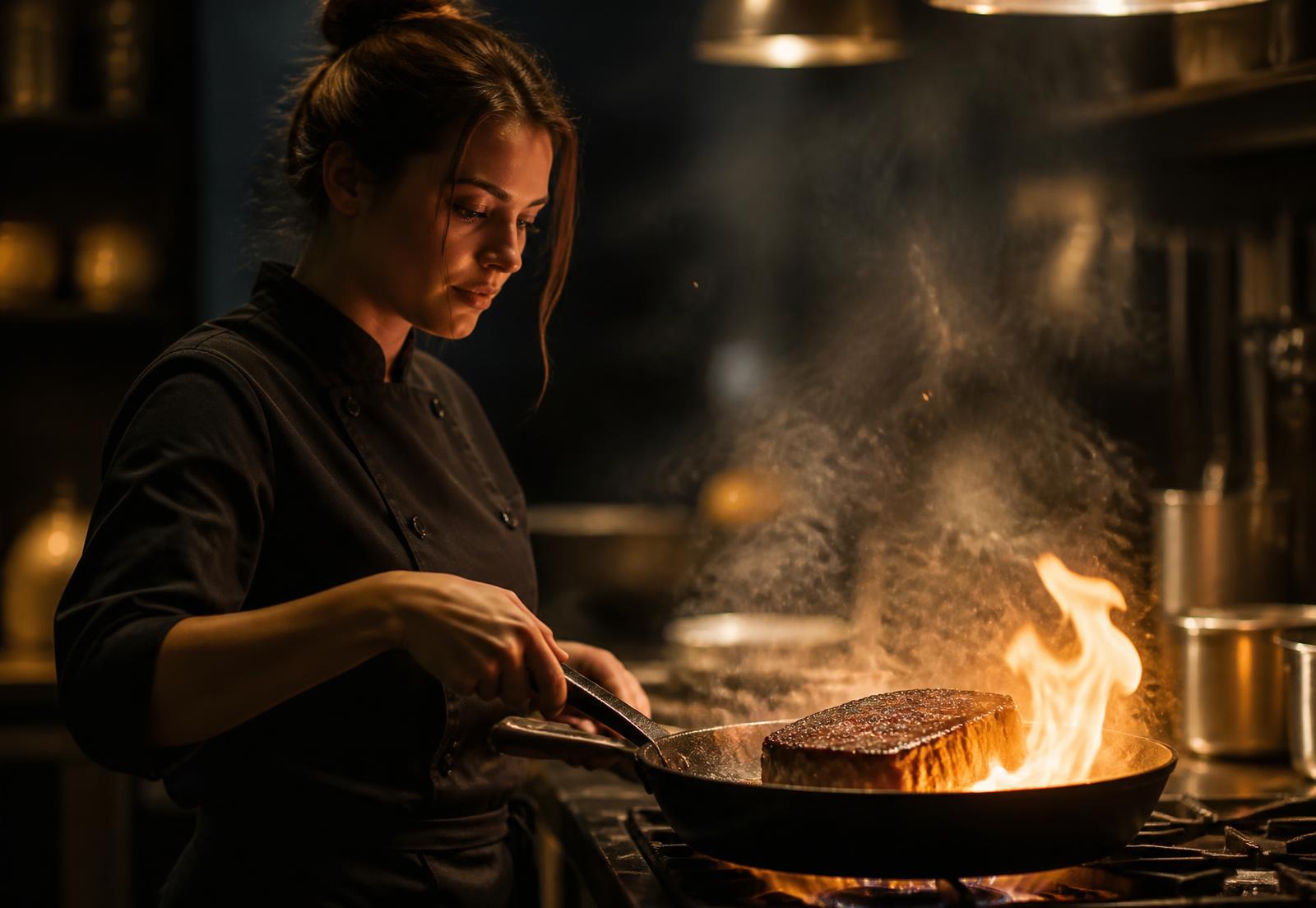Female chef searing a steak in a cast iron pan in a warm, dark kitchen