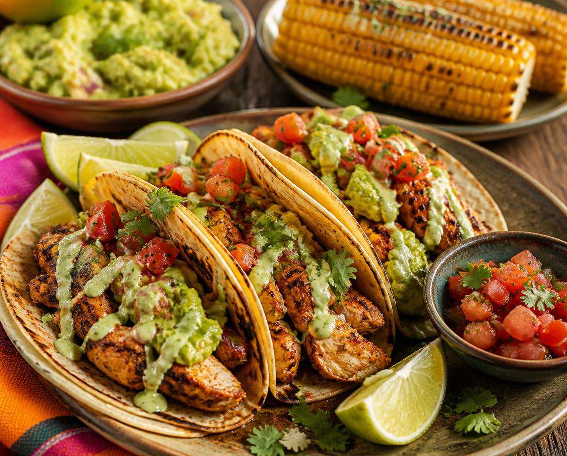 Mexican chicken tacos with charred corn and tomato salsa, guacamole and lime crema.